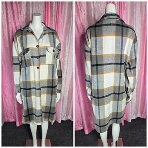 Plaid Long Button Up Heavyweight Flannel Shacket Jacket Long Coat Size XL